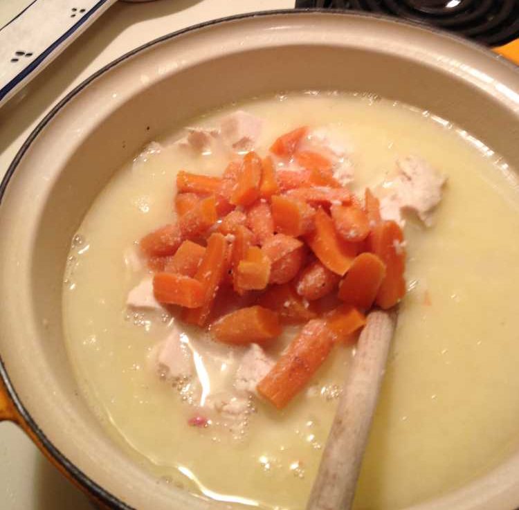 Add the carrots and chicken into the cream sauce base