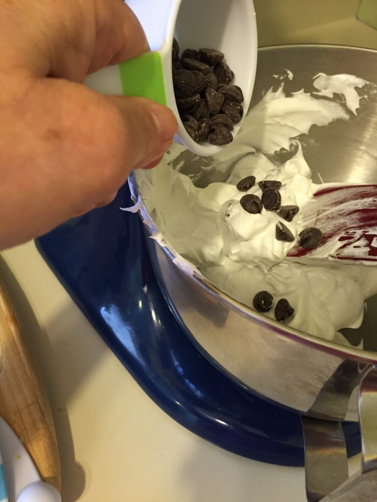 When meringue holds a peak and looks glossy, fold in the chocolate chips